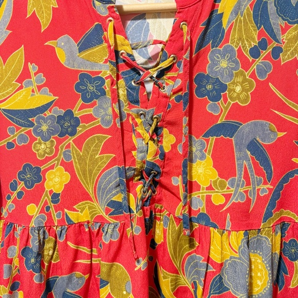 Sezane Floral Blouse Size Small Size 36 Oversized Peplum Tie Up Red Florsl Birds - Picture 3 of 13